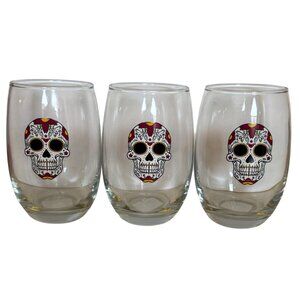 Set of 3 Cristar White Skulls Theme Clear Stemless 15.5 oz. Wine Glasses 5" Tall